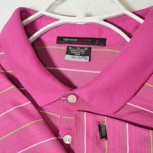 Vintage Tiger Woods Collection Nike Fit Dry Pink White‎ Striped Polo Shirt Sz XL